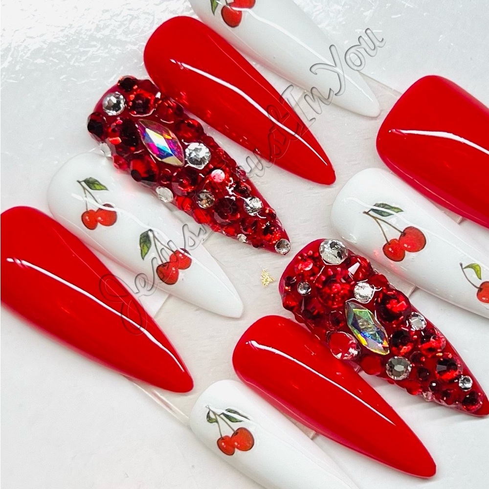 Cherry Red and White Nail Art Set Press on Nails Stiletto